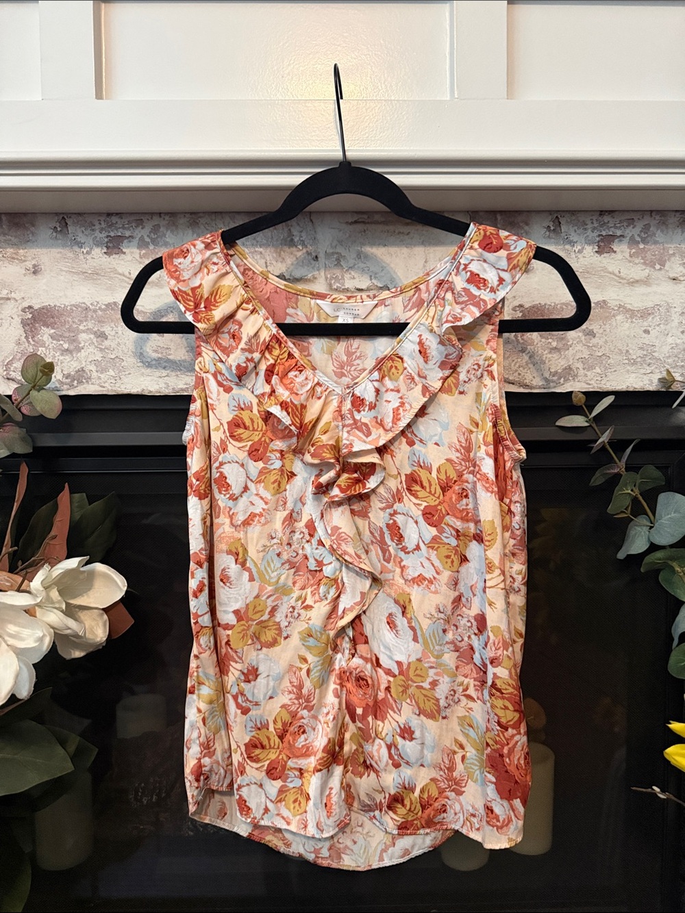 LC Lauren Conrad Floral Ruffle Tank in Coral, Yellow, Cream